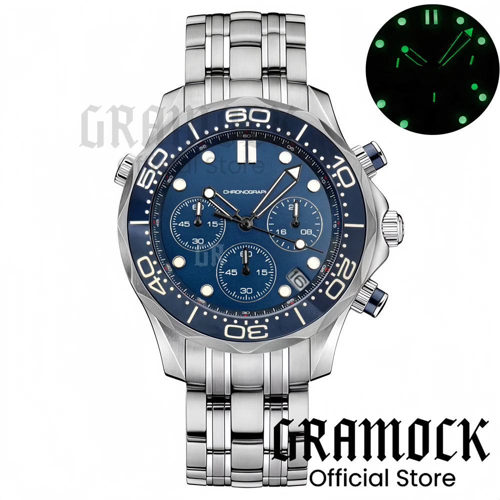 Gramock 41mm Men's Fashion VK63 Chronograph Wristwatch Sapphire Glass Luminous Dial Hands Ceramic Bezel Steel Dive Watch For Men
