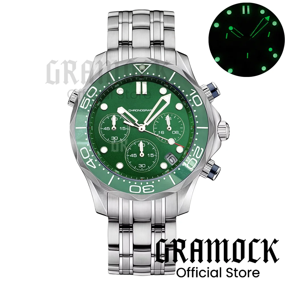 Gramock 41mm Men's Fashion VK63 Chronograph Wristwatch Sapphire Glass Luminous Dial Hands Ceramic Bezel Steel Dive Watch For Men
