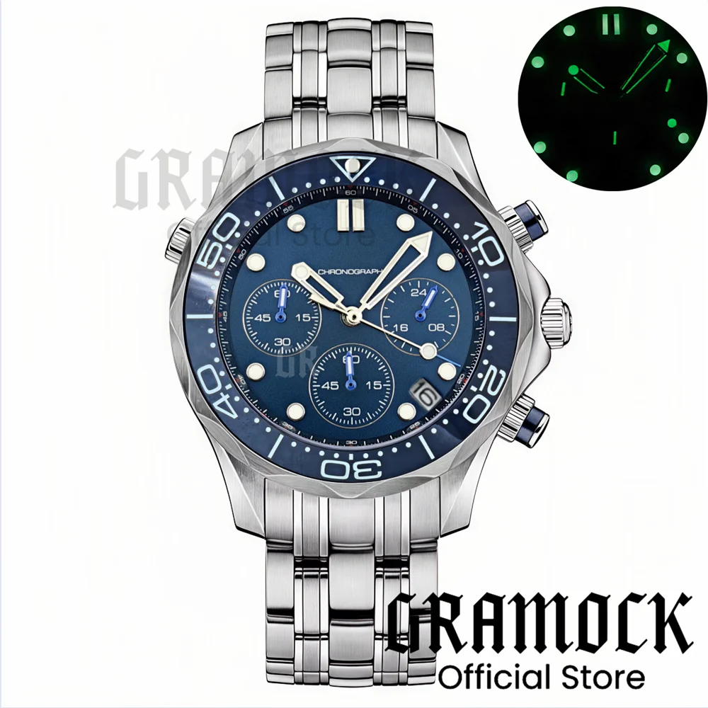 Gramock 41mm Men's Fashion VK63 Chronograph Wristwatch Sapphire Glass Luminous Dial Hands Ceramic Bezel Steel Dive Watch For Men