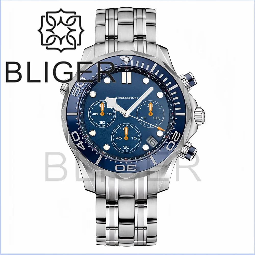 BLIGER 41mm Custom Logo VK63 Chronograph Quartz Watch For Men Blakc Blue Green Dial With C3Luminous Sapphire Glass Ceramic Bezel