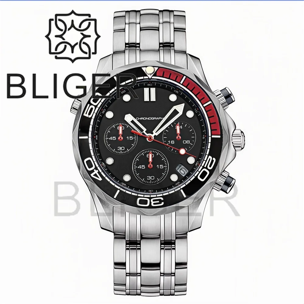 BLIGER 41mm Custom Logo VK63 Chronograph Quartz Watch For Men Blakc Blue Green Dial With C3Luminous Sapphire Glass Ceramic Bezel