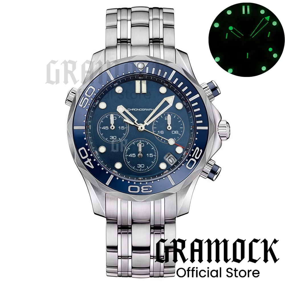 Gramock 41mm Men's Fashion VK63 Chronograph Wristwatch Sapphire Glass Luminous Dial Hands Ceramic Bezel Steel Dive Watch For Men