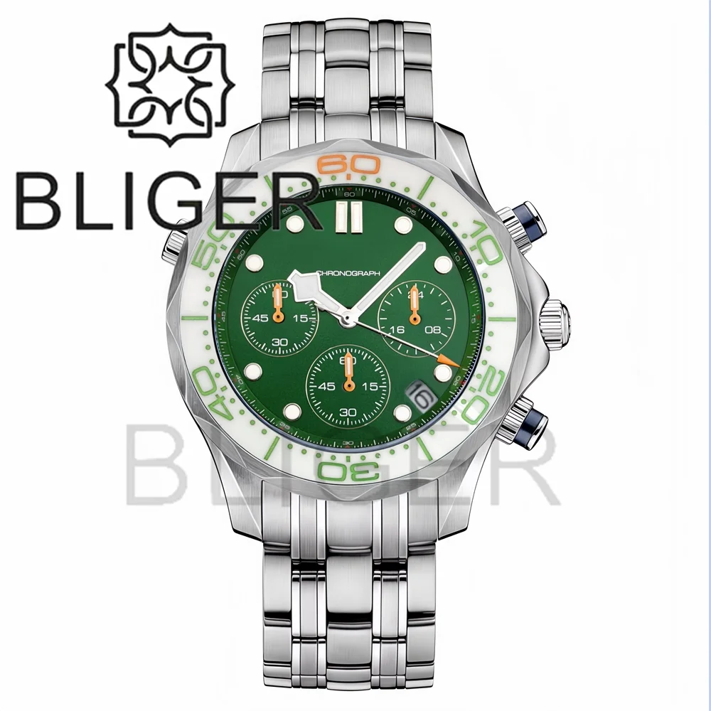 BLIGER 41mm Custom Logo VK63 Chronograph Quartz Watch For Men Blakc Blue Green Dial With C3Luminous Sapphire Glass Ceramic Bezel