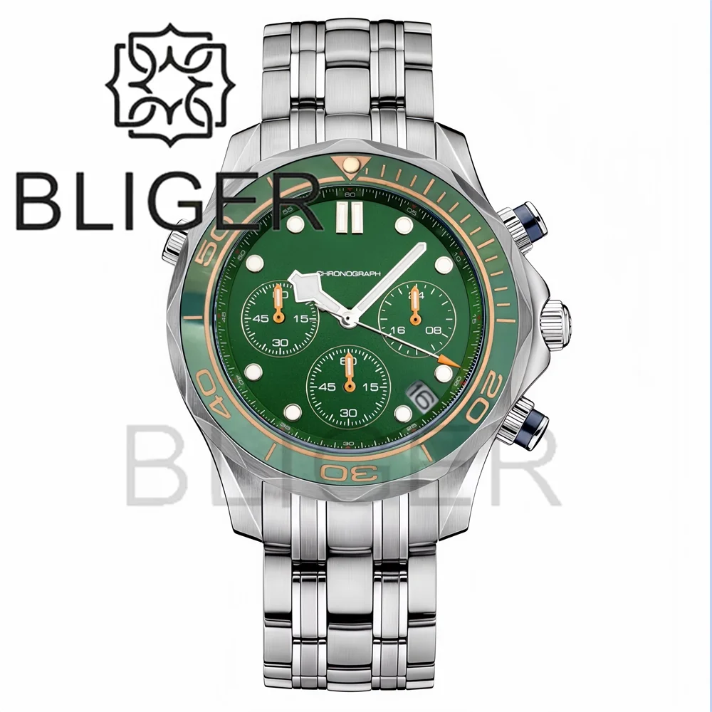 BLIGER 41mm Custom Logo VK63 Chronograph Quartz Watch For Men Blakc Blue Green Dial With C3Luminous Sapphire Glass Ceramic Bezel