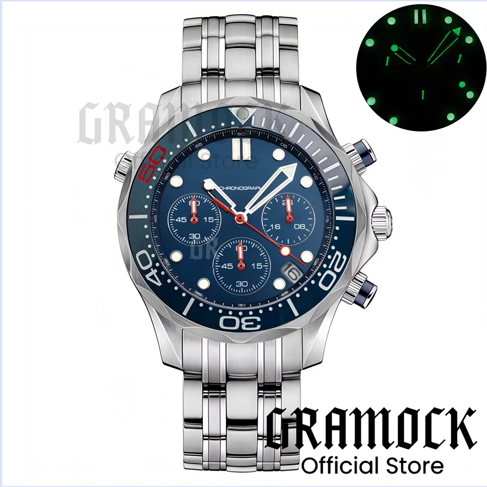 Gramock 41mm Men's Fashion VK63 Chronograph Wristwatch Sapphire Glass Luminous Dial Hands Ceramic Bezel Steel Dive Watch For Men