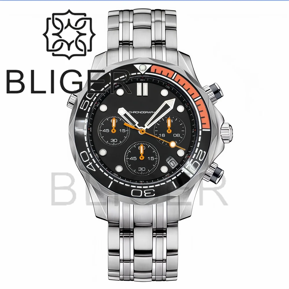 BLIGER 41mm Custom Logo VK63 Chronograph Quartz Watch For Men Blakc Blue Green Dial With C3Luminous Sapphire Glass Ceramic Bezel