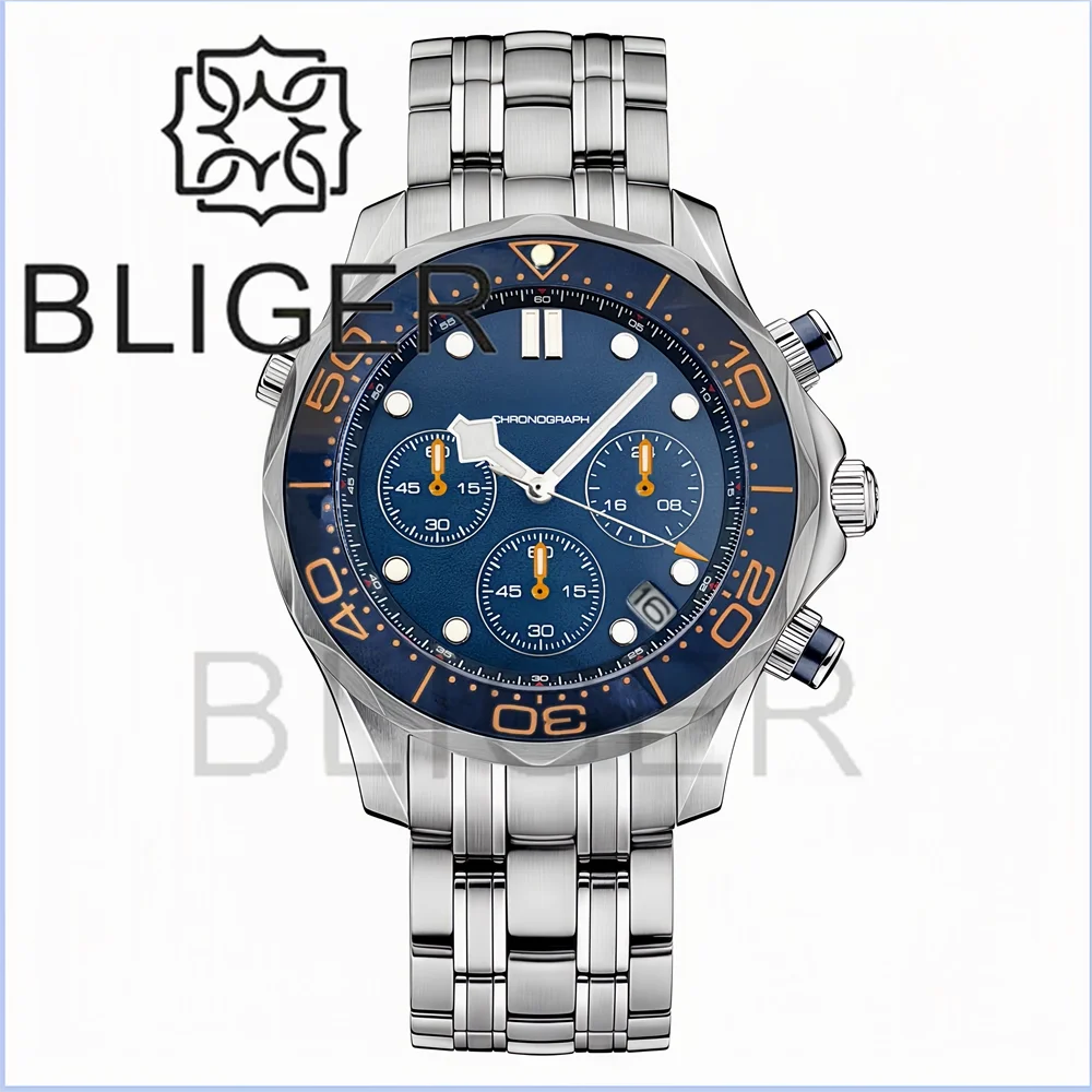 BLIGER 41mm Custom Logo VK63 Chronograph Quartz Watch For Men Blakc Blue Green Dial With C3Luminous Sapphire Glass Ceramic Bezel
