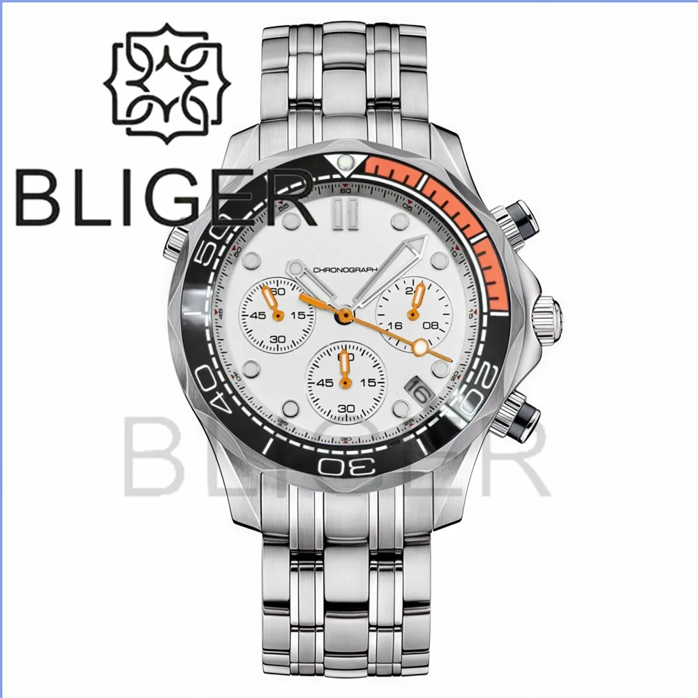 BLIGER 41mm Custom Logo VK63 Chronograph Quartz Watch For Men Blakc Blue Green Dial With C3Luminous Sapphire Glass Ceramic Bezel