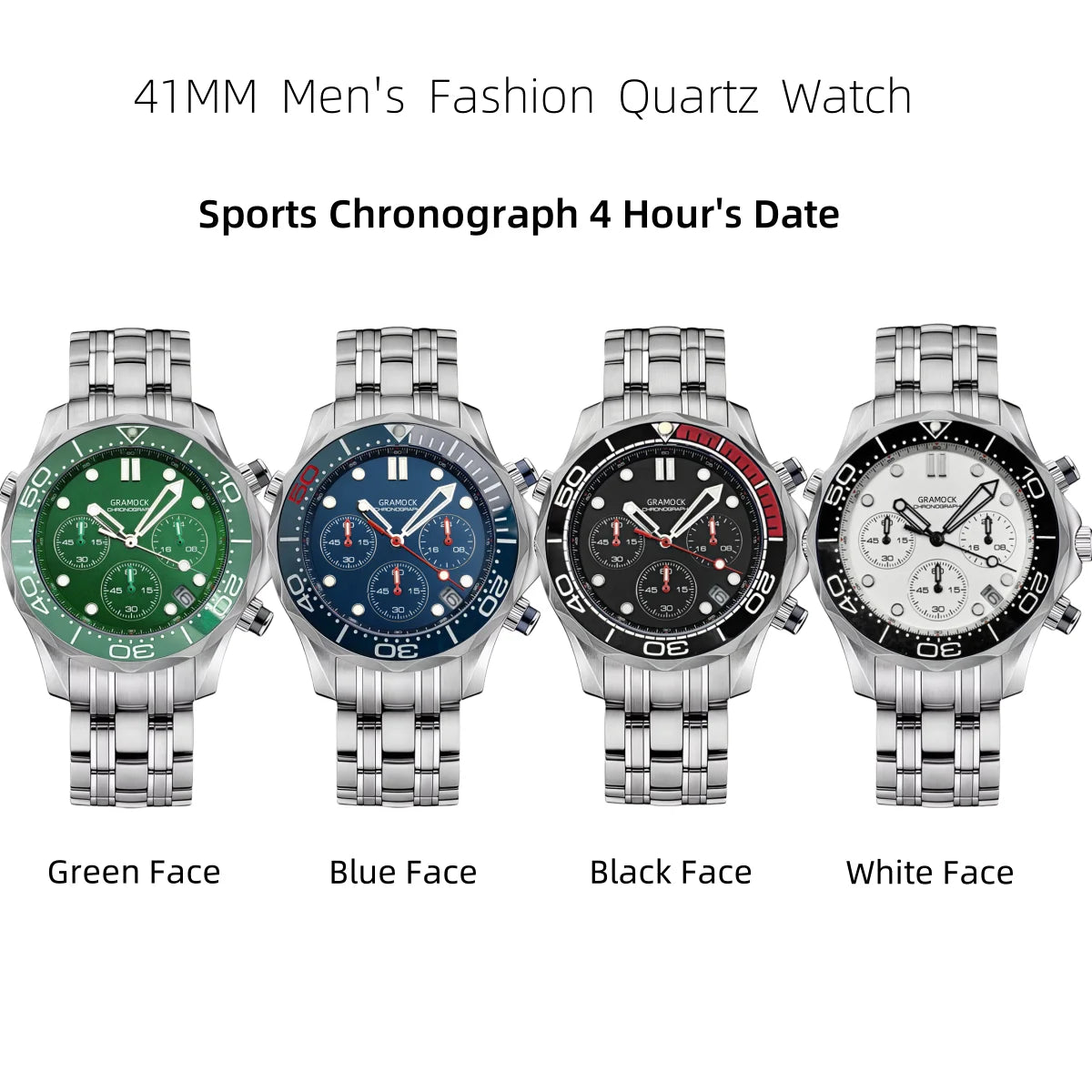 Gramock 41mm Men's Fashion VK63 Chronograph Wristwatch Sapphire Glass Luminous Dial Hands Ceramic Bezel Steel Dive Watch For Men