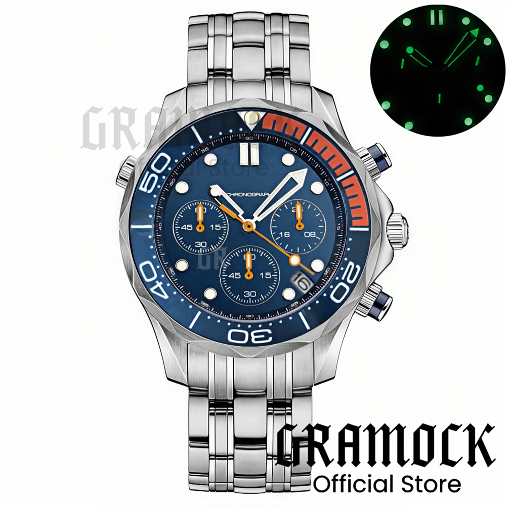 Gramock 41mm Men's Fashion VK63 Chronograph Wristwatch Sapphire Glass Luminous Dial Hands Ceramic Bezel Steel Dive Watch For Men