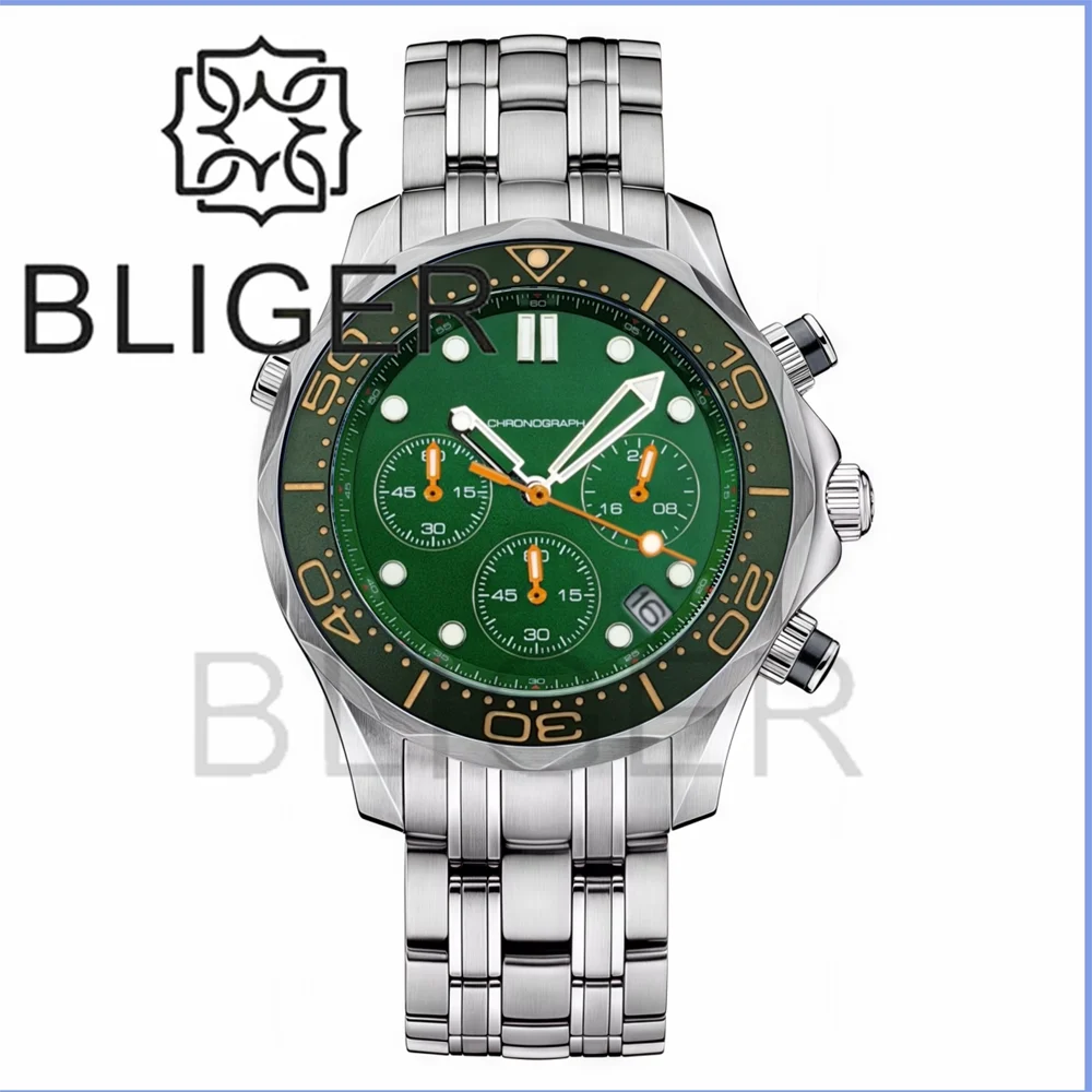 BLIGER 41mm Custom Logo VK63 Chronograph Quartz Watch For Men Blakc Blue Green Dial With C3Luminous Sapphire Glass Ceramic Bezel
