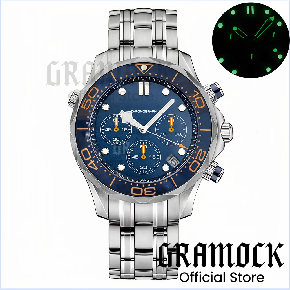 Gramock 41mm Men's Fashion VK63 Chronograph Wristwatch Sapphire Glass Luminous Dial Hands Ceramic Bezel Steel Dive Watch For Men