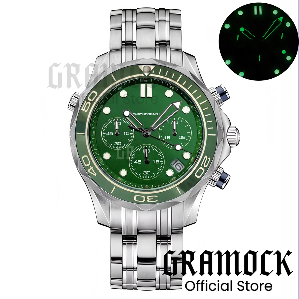 Gramock 41mm Men's Fashion VK63 Chronograph Wristwatch Sapphire Glass Luminous Dial Hands Ceramic Bezel Steel Dive Watch For Men