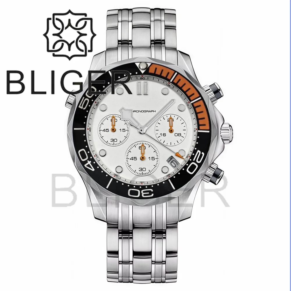 BLIGER 41mm Custom Logo VK63 Chronograph Quartz Watch For Men Blakc Blue Green Dial With C3Luminous Sapphire Glass Ceramic Bezel