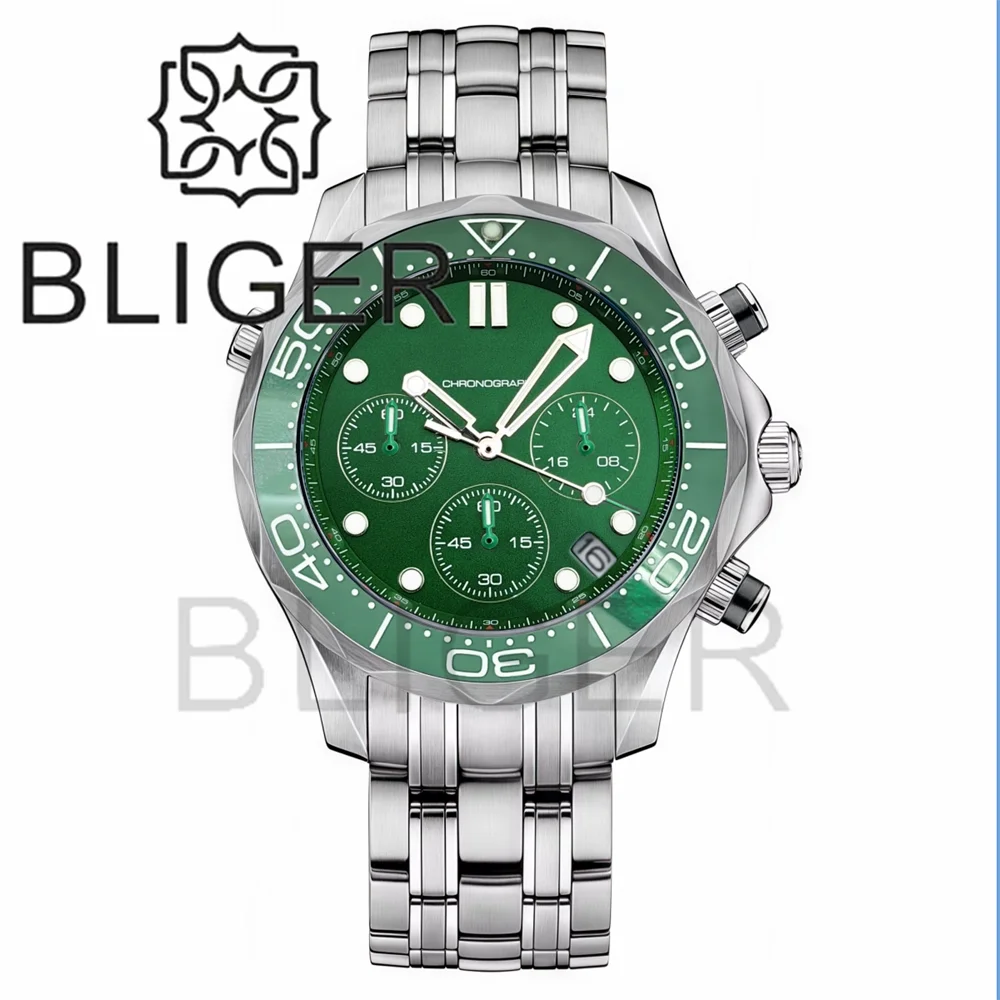 BLIGER 41mm Custom Logo VK63 Chronograph Quartz Watch For Men Blakc Blue Green Dial With C3Luminous Sapphire Glass Ceramic Bezel