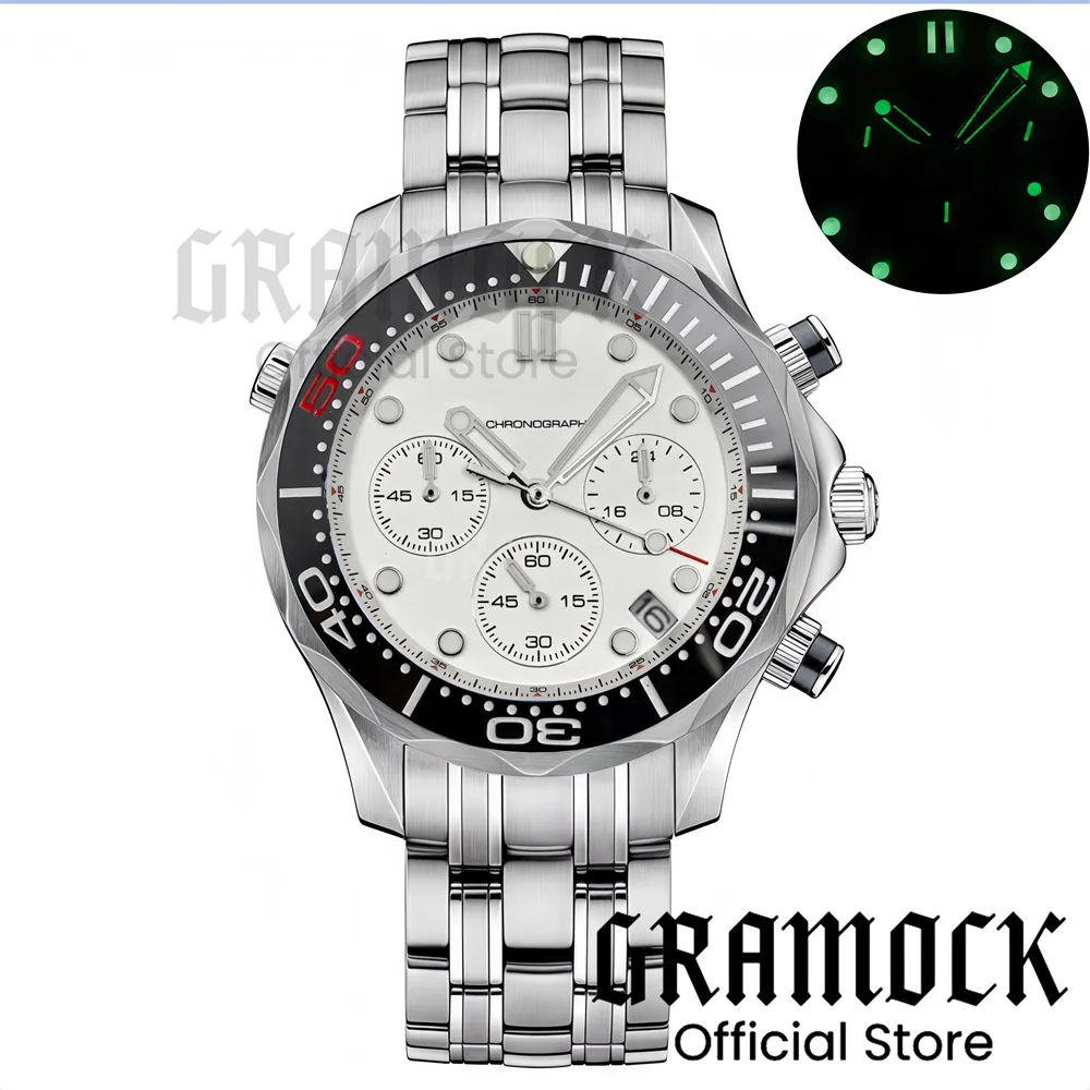 Gramock 41mm Men's Fashion VK63 Chronograph Wristwatch Sapphire Glass Luminous Dial Hands Ceramic Bezel Steel Dive Watch For Men