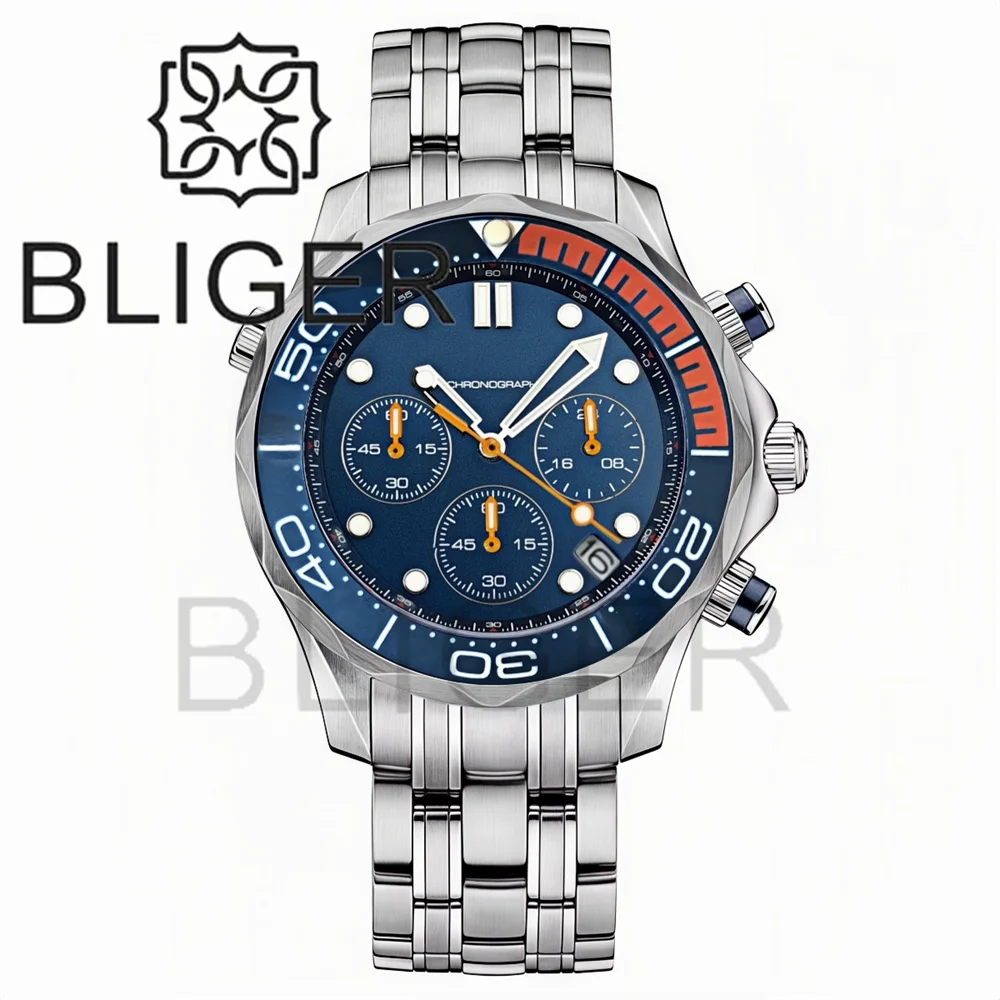 BLIGER 41mm Custom Logo VK63 Chronograph Quartz Watch For Men Blakc Blue Green Dial With C3Luminous Sapphire Glass Ceramic Bezel