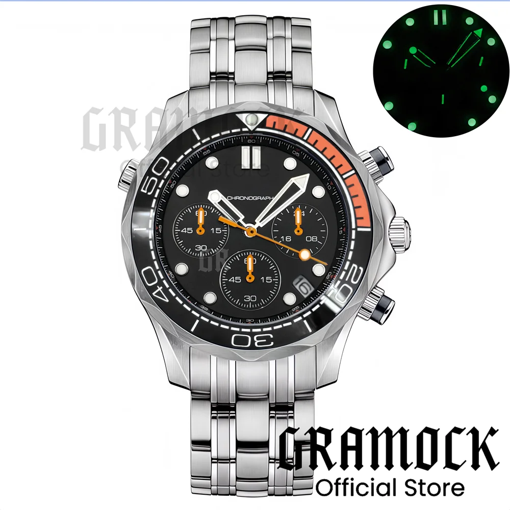 Gramock 41mm Men's Fashion VK63 Chronograph Wristwatch Sapphire Glass Luminous Dial Hands Ceramic Bezel Steel Dive Watch For Men