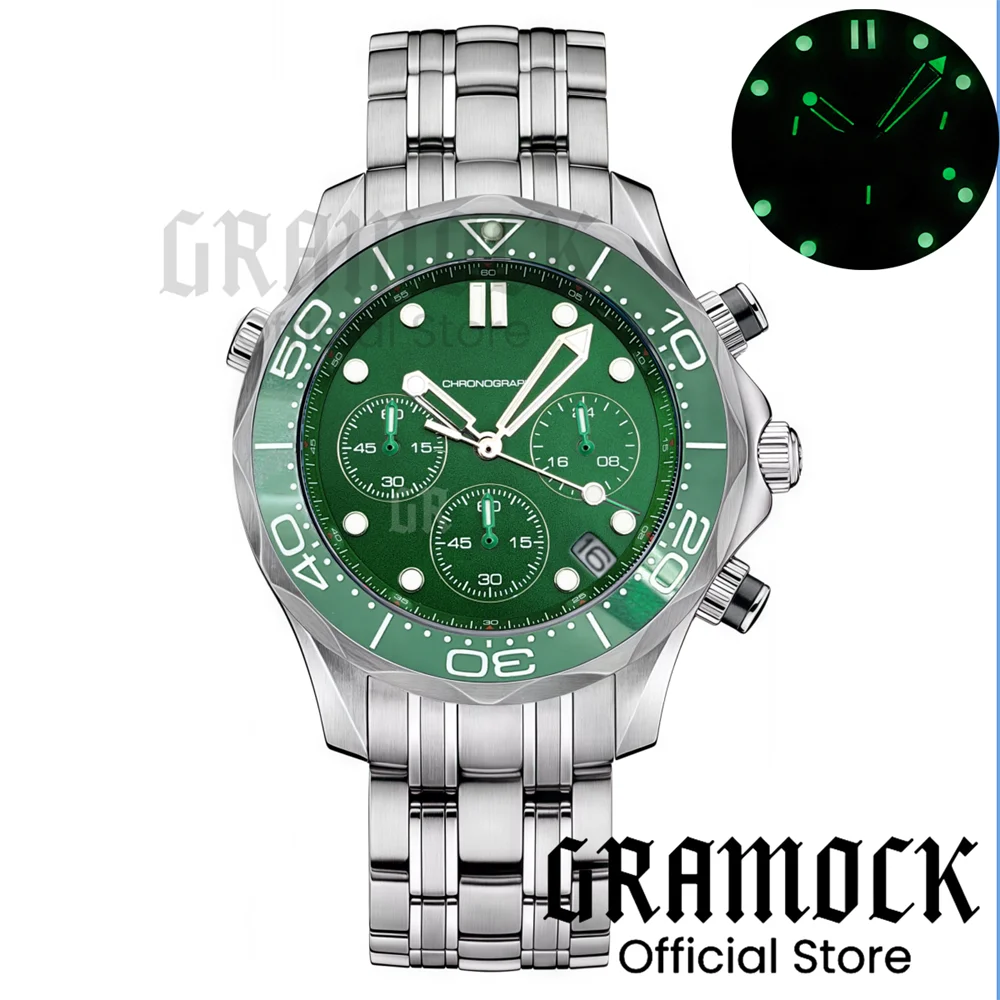 Gramock 41mm Men's Fashion VK63 Chronograph Wristwatch Sapphire Glass Luminous Dial Hands Ceramic Bezel Steel Dive Watch For Men