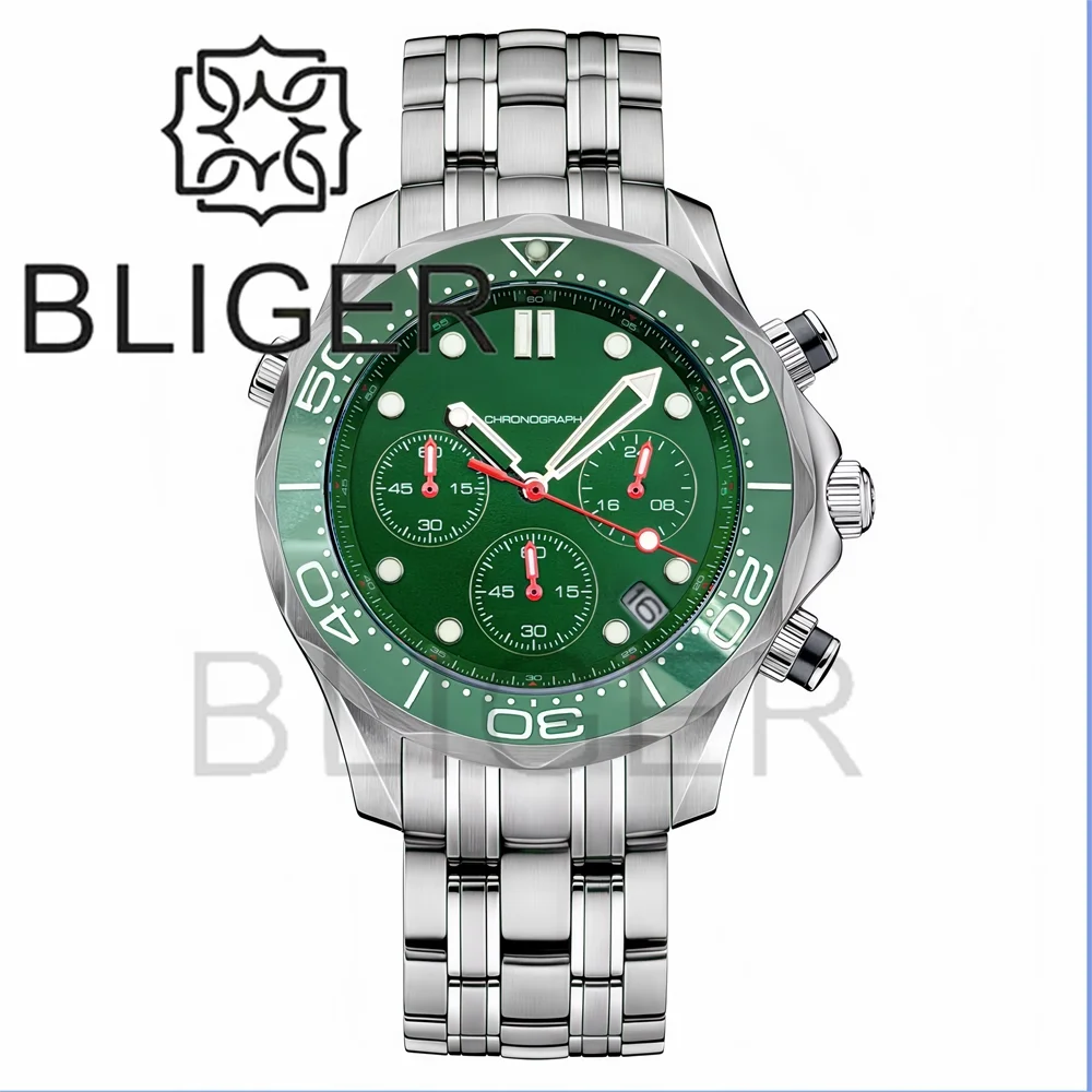 BLIGER 41mm Custom Logo VK63 Chronograph Quartz Watch For Men Blakc Blue Green Dial With C3Luminous Sapphire Glass Ceramic Bezel