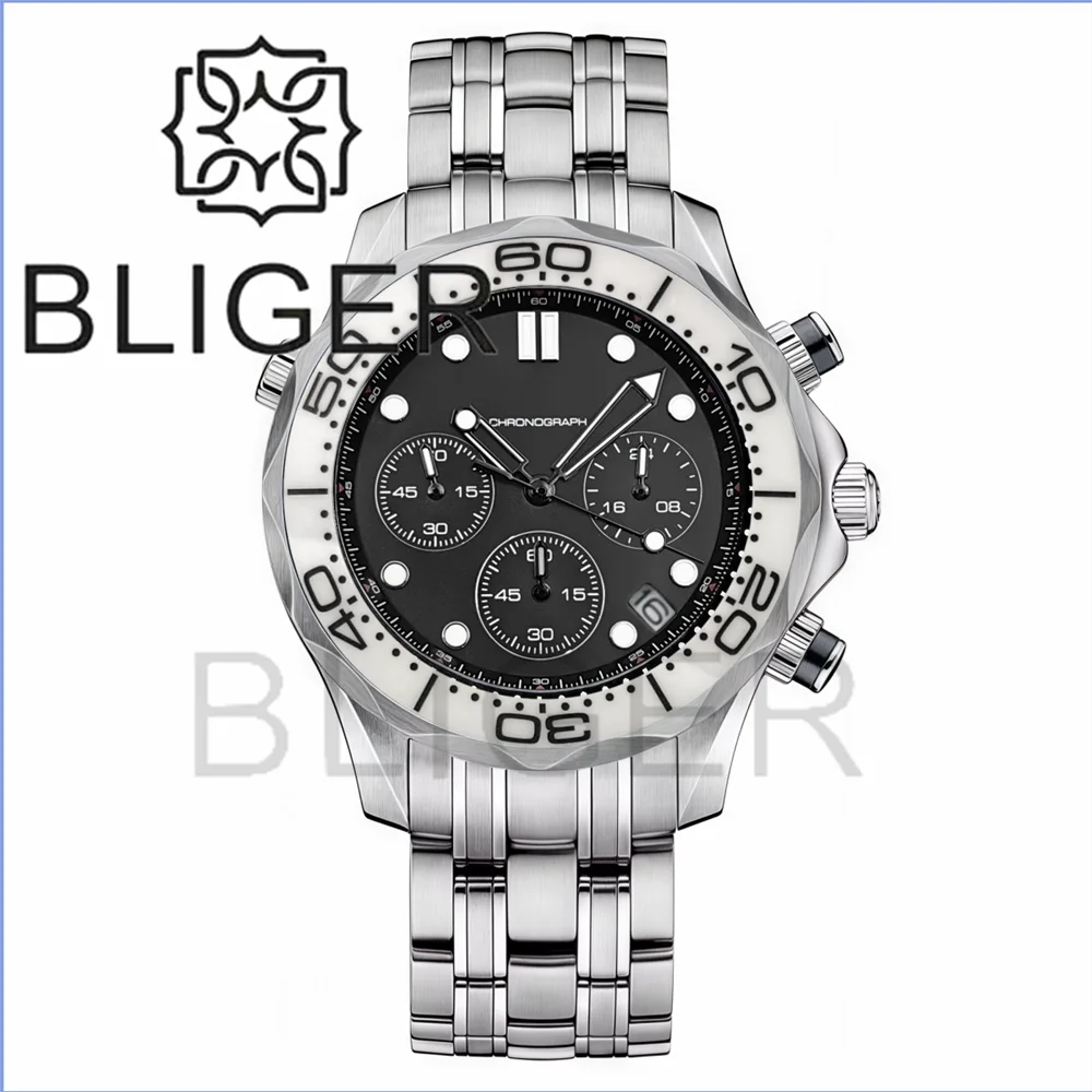 BLIGER 41mm Custom Logo VK63 Chronograph Quartz Watch For Men Blakc Blue Green Dial With C3Luminous Sapphire Glass Ceramic Bezel