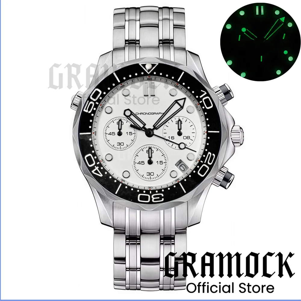 Gramock 41mm Men's Fashion VK63 Chronograph Wristwatch Sapphire Glass Luminous Dial Hands Ceramic Bezel Steel Dive Watch For Men