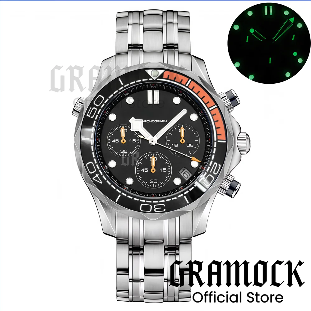 Gramock 41mm Men's Fashion VK63 Chronograph Wristwatch Sapphire Glass Luminous Dial Hands Ceramic Bezel Steel Dive Watch For Men