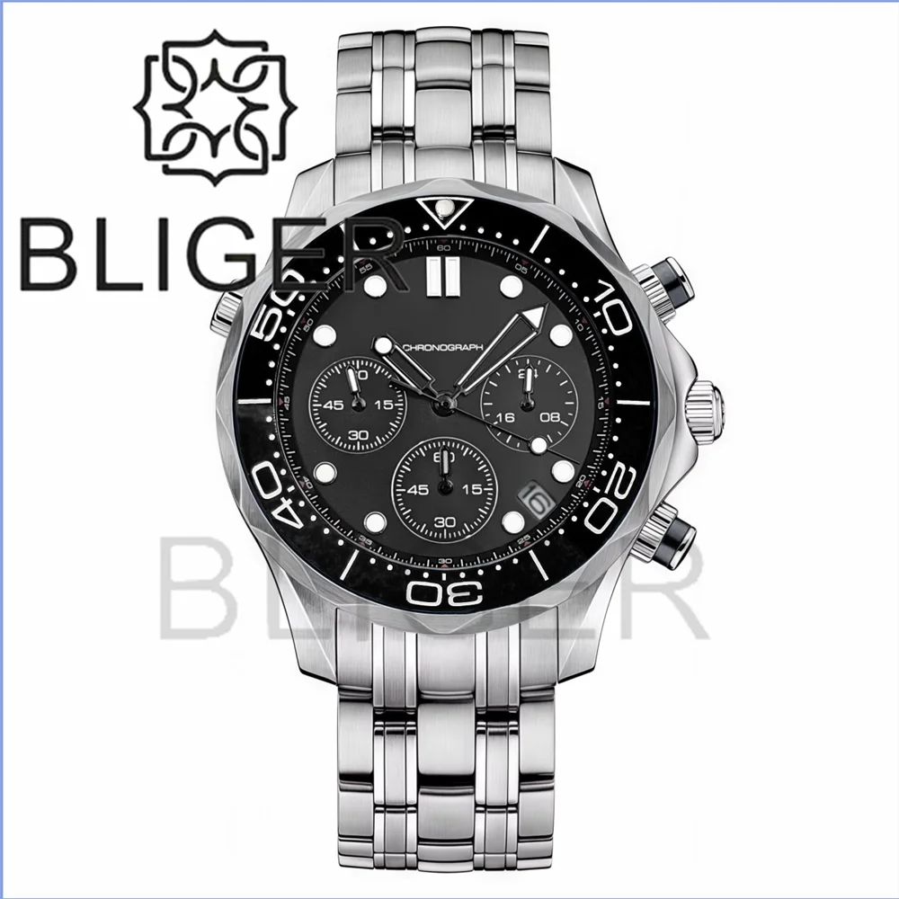 BLIGER 41mm Custom Logo VK63 Chronograph Quartz Watch For Men Blakc Blue Green Dial With C3Luminous Sapphire Glass Ceramic Bezel