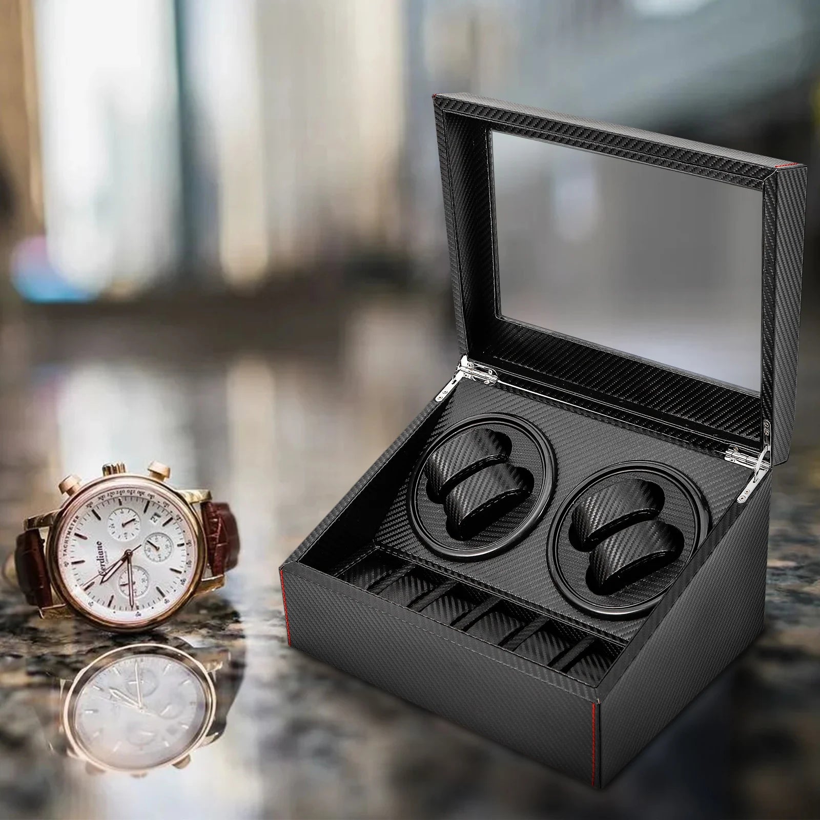 4+6 Watch Watch Winder Box with Dual Electric Turntables Auto Rotation Display Case Storage Dustproof Glass Cover Storage Case