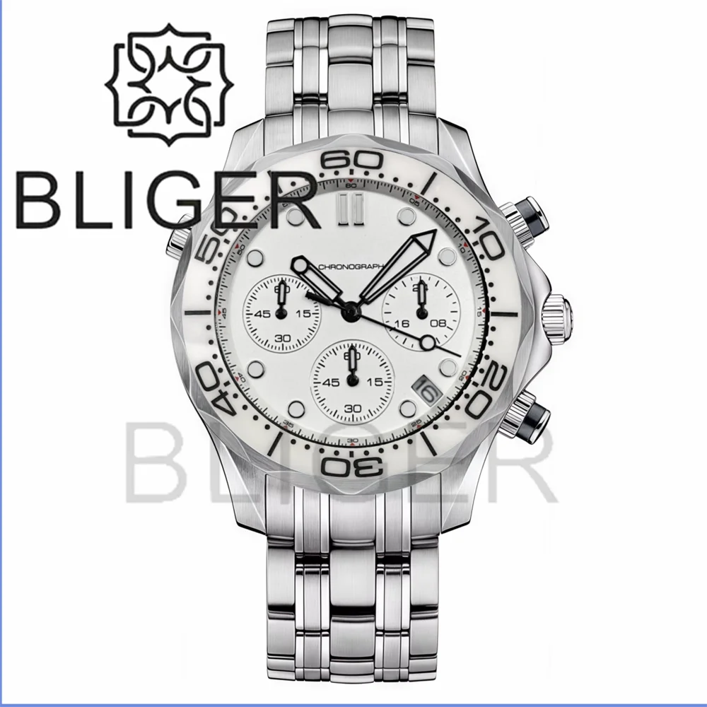 BLIGER 41mm Custom Logo VK63 Chronograph Quartz Watch For Men Blakc Blue Green Dial With C3Luminous Sapphire Glass Ceramic Bezel