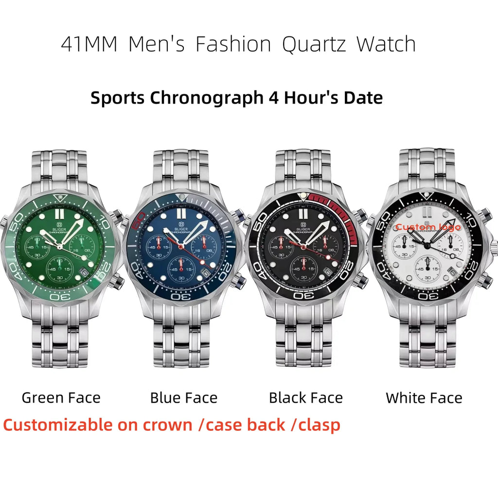 BLIGER 41mm Custom Logo VK63 Chronograph Quartz Watch For Men Blakc Blue Green Dial With C3Luminous Sapphire Glass Ceramic Bezel