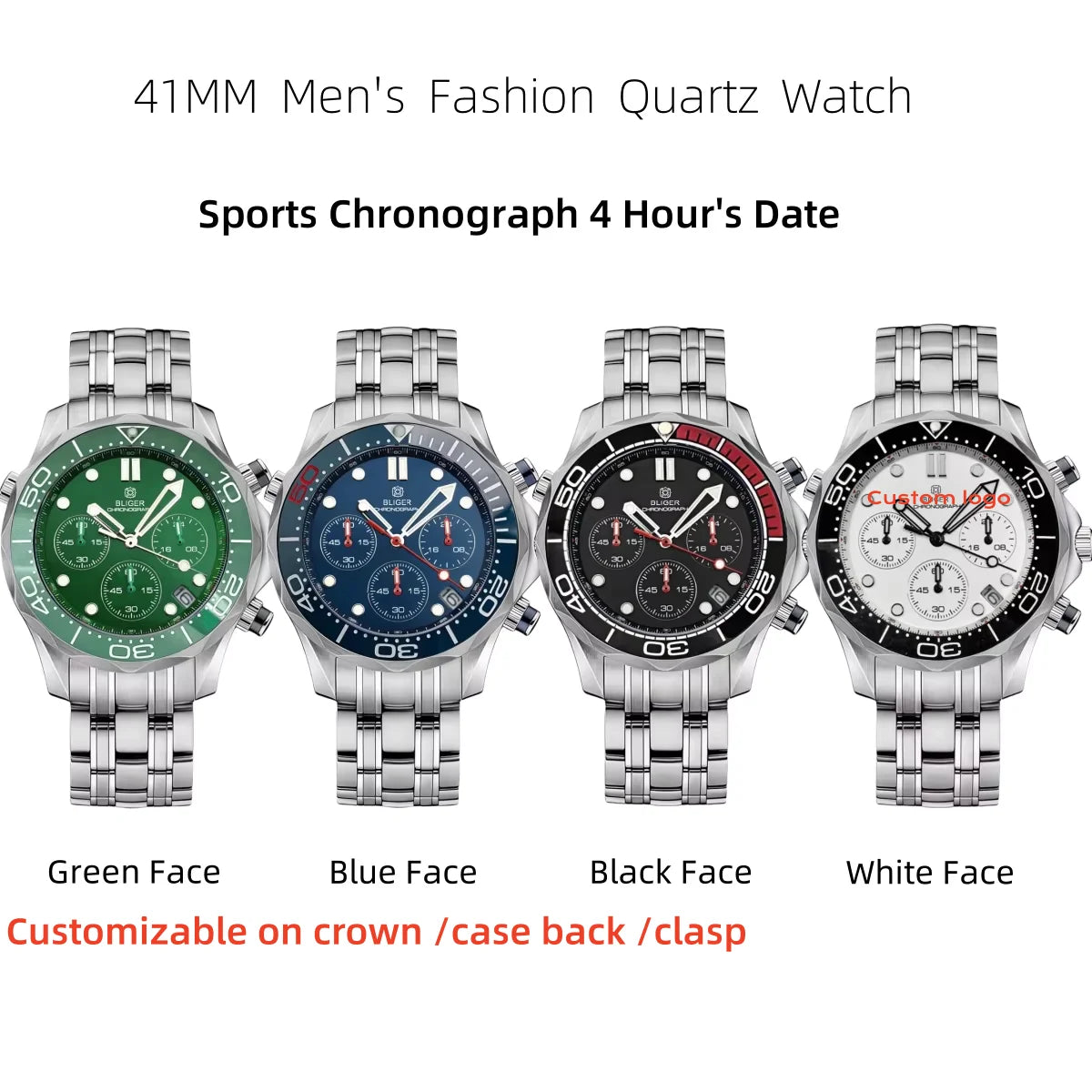 BLIGER 41mm Custom Logo VK63 Chronograph Quartz Watch For Men Blakc Blue Green Dial With C3Luminous Sapphire Glass Ceramic Bezel