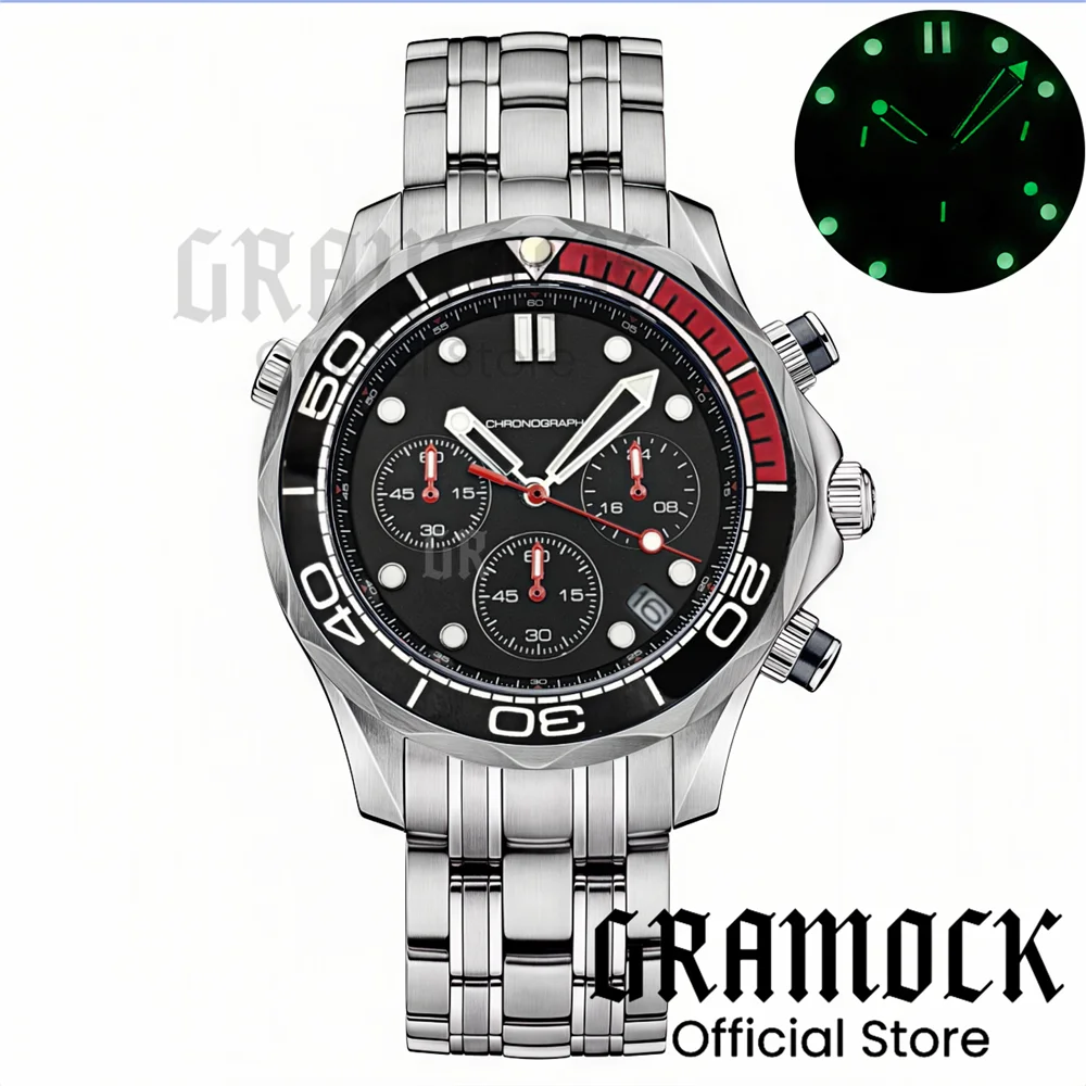 Gramock 41mm Men's Fashion VK63 Chronograph Wristwatch Sapphire Glass Luminous Dial Hands Ceramic Bezel Steel Dive Watch For Men