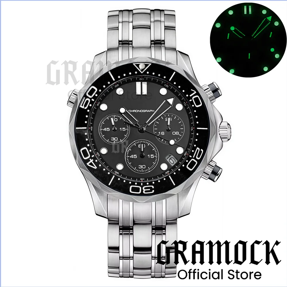 Gramock 41mm Men's Fashion VK63 Chronograph Wristwatch Sapphire Glass Luminous Dial Hands Ceramic Bezel Steel Dive Watch For Men