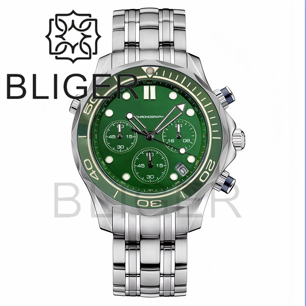 BLIGER 41mm Custom Logo VK63 Chronograph Quartz Watch For Men Blakc Blue Green Dial With C3Luminous Sapphire Glass Ceramic Bezel