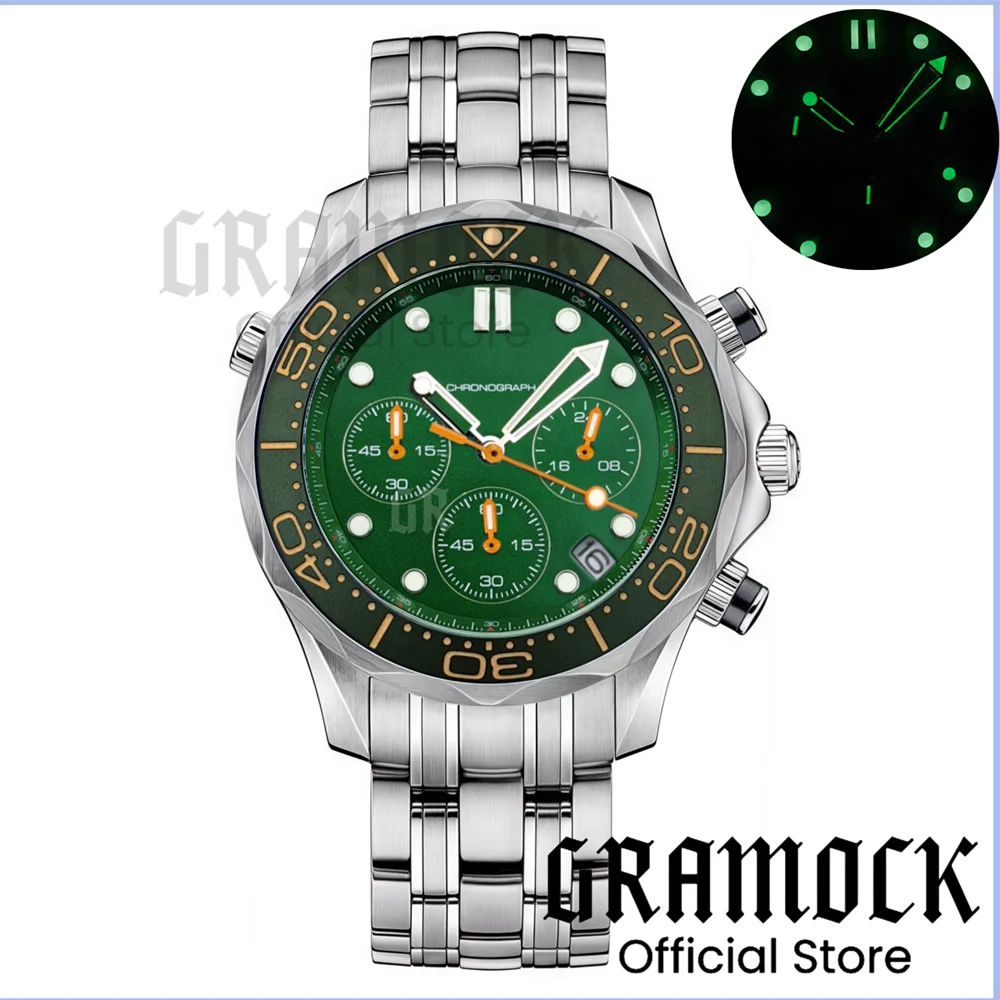 Gramock 41mm Men's Fashion VK63 Chronograph Wristwatch Sapphire Glass Luminous Dial Hands Ceramic Bezel Steel Dive Watch For Men