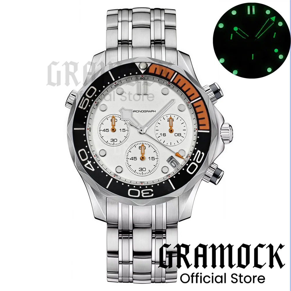 Gramock 41mm Men's Fashion VK63 Chronograph Wristwatch Sapphire Glass Luminous Dial Hands Ceramic Bezel Steel Dive Watch For Men