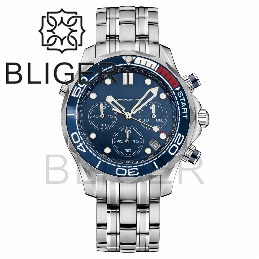 BLIGER 41mm Custom Logo VK63 Chronograph Quartz Watch For Men Blakc Blue Green Dial With C3Luminous Sapphire Glass Ceramic Bezel