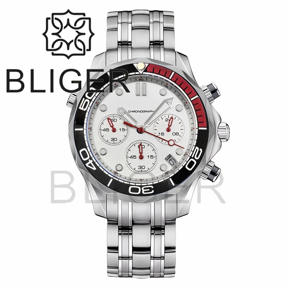 BLIGER 41mm Custom Logo VK63 Chronograph Quartz Watch For Men Blakc Blue Green Dial With C3Luminous Sapphire Glass Ceramic Bezel