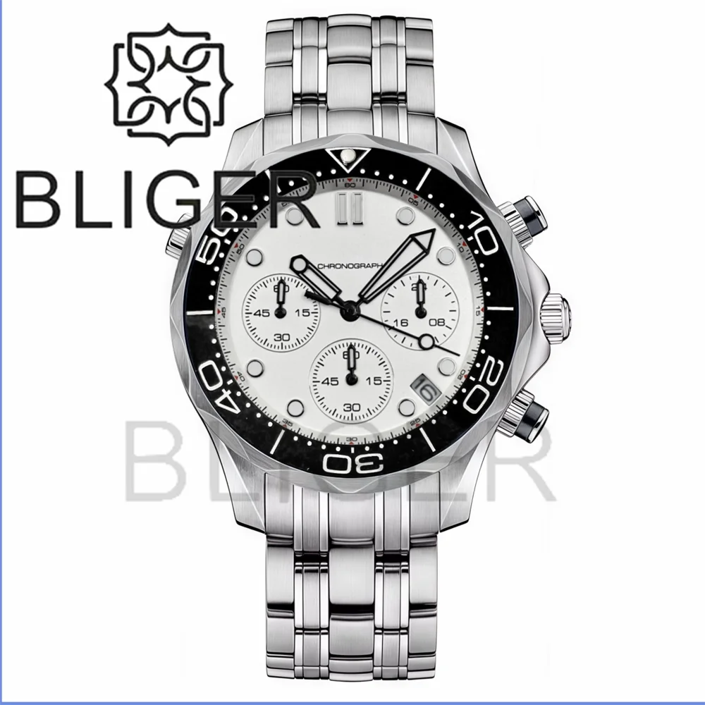 BLIGER 41mm Custom Logo VK63 Chronograph Quartz Watch For Men Blakc Blue Green Dial With C3Luminous Sapphire Glass Ceramic Bezel