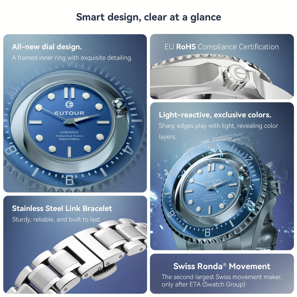 EUTOUR Unisex Magnetic Bead Analog Watch with Stainless Steel Strap And Unique Pointer Design Men's Magnetic Watch