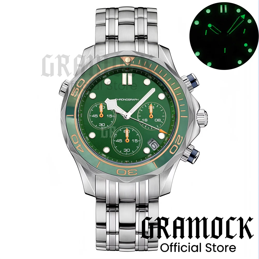 Gramock 41mm Men's Fashion VK63 Chronograph Wristwatch Sapphire Glass Luminous Dial Hands Ceramic Bezel Steel Dive Watch For Men