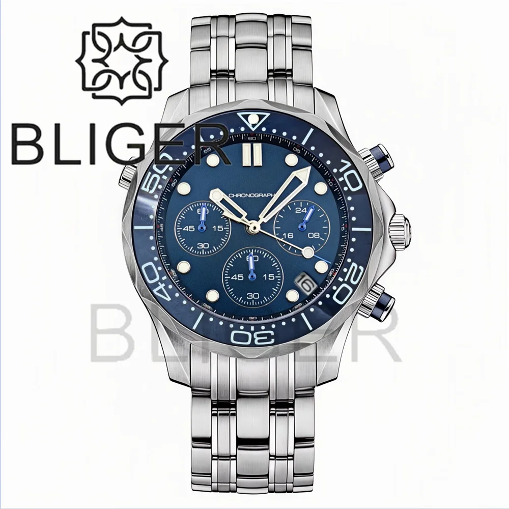 BLIGER 41mm Custom Logo VK63 Chronograph Quartz Watch For Men Blakc Blue Green Dial With C3Luminous Sapphire Glass Ceramic Bezel