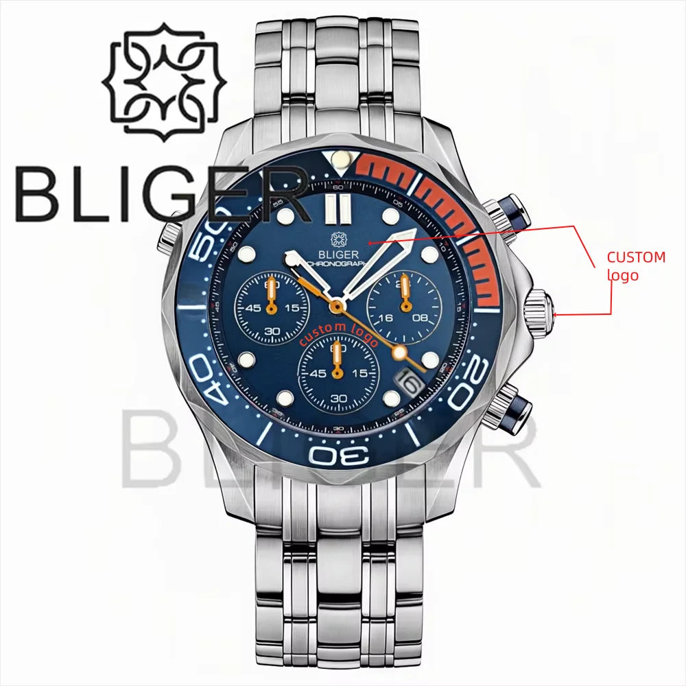 BLIGER 41mm Custom Logo VK63 Chronograph Quartz Watch For Men Blakc Blue Green Dial With C3Luminous Sapphire Glass Ceramic Bezel