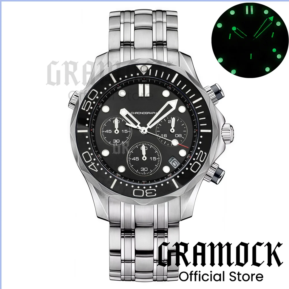 Gramock 41mm Men's Fashion VK63 Chronograph Wristwatch Sapphire Glass Luminous Dial Hands Ceramic Bezel Steel Dive Watch For Men