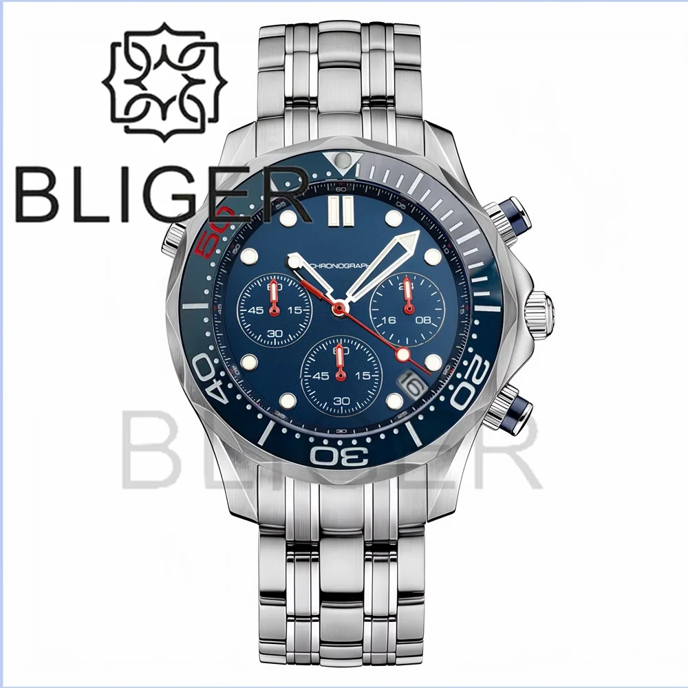 BLIGER 41mm Custom Logo VK63 Chronograph Quartz Watch For Men Blakc Blue Green Dial With C3Luminous Sapphire Glass Ceramic Bezel