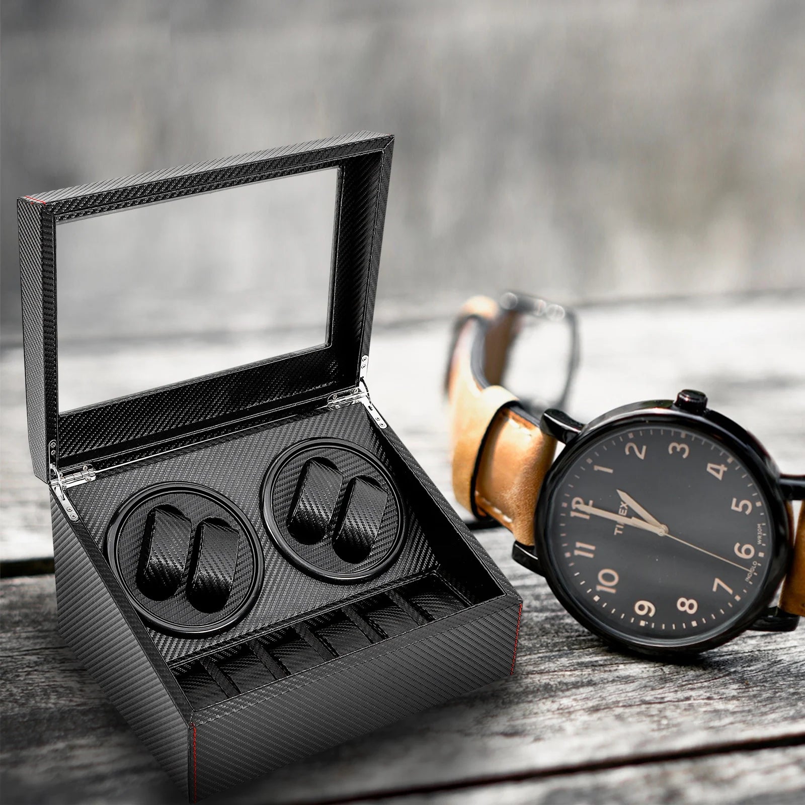 4+6 Watch Watch Winder Box with Dual Electric Turntables Auto Rotation Display Case Storage Dustproof Glass Cover Storage Case