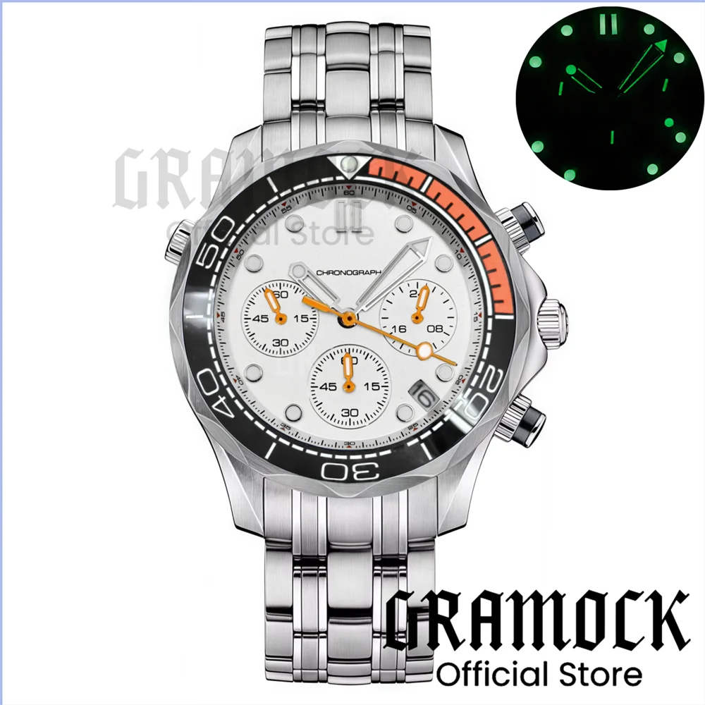 Gramock 41mm Men's Fashion VK63 Chronograph Wristwatch Sapphire Glass Luminous Dial Hands Ceramic Bezel Steel Dive Watch For Men