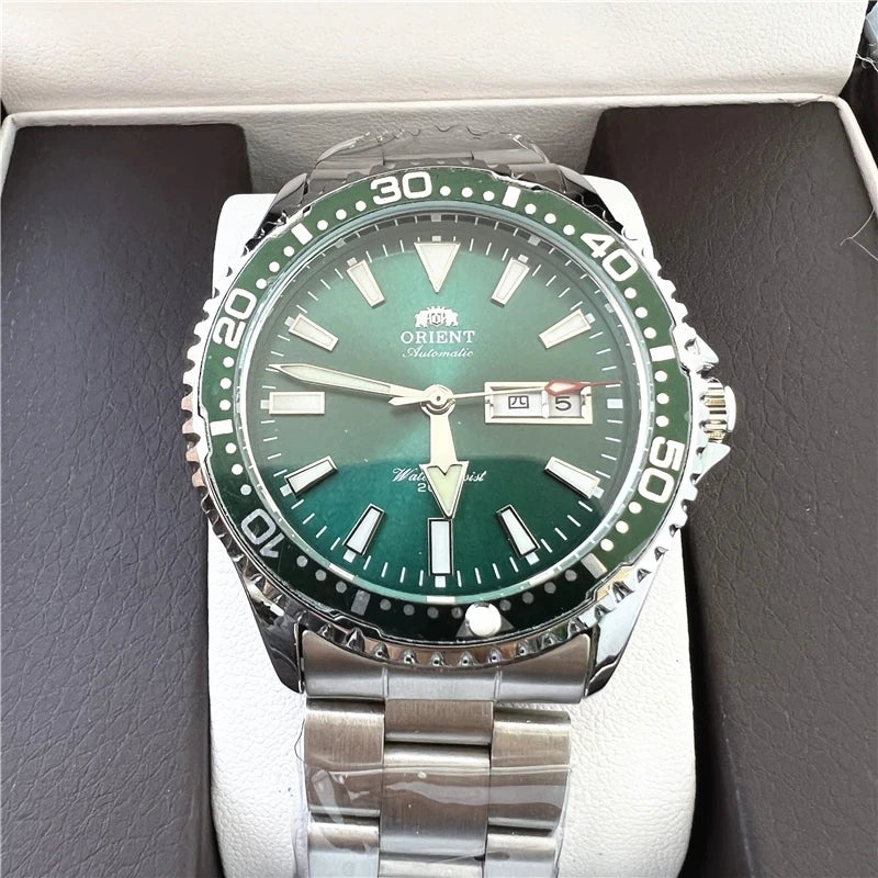 Orient Automatic Mechanical Diver Watch for Men 200M Waterproof Red Dial Stainless Steel Band Day Date Display Sport Wristwatch